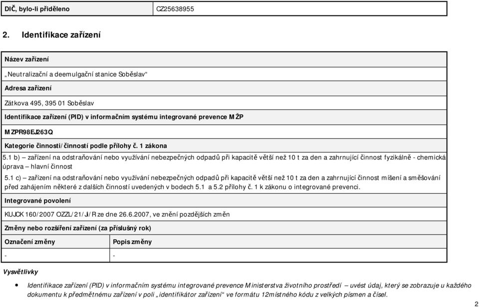 MŽP MZPR98EJ263Q Kategorie činnosti/činností podle přílohy č. 1 zákona 5.