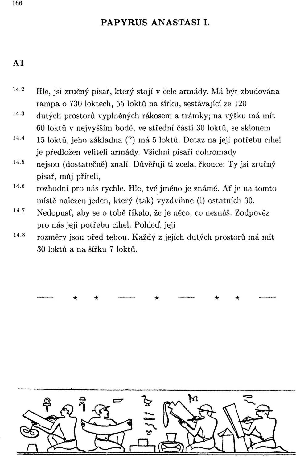 loktů, jeho základna (?) má 5 loktů. Dotaz na její potřebu cihel je předložen veliteli armády. Všichni písaři dohromady nejsou (dostatečně) znalí.