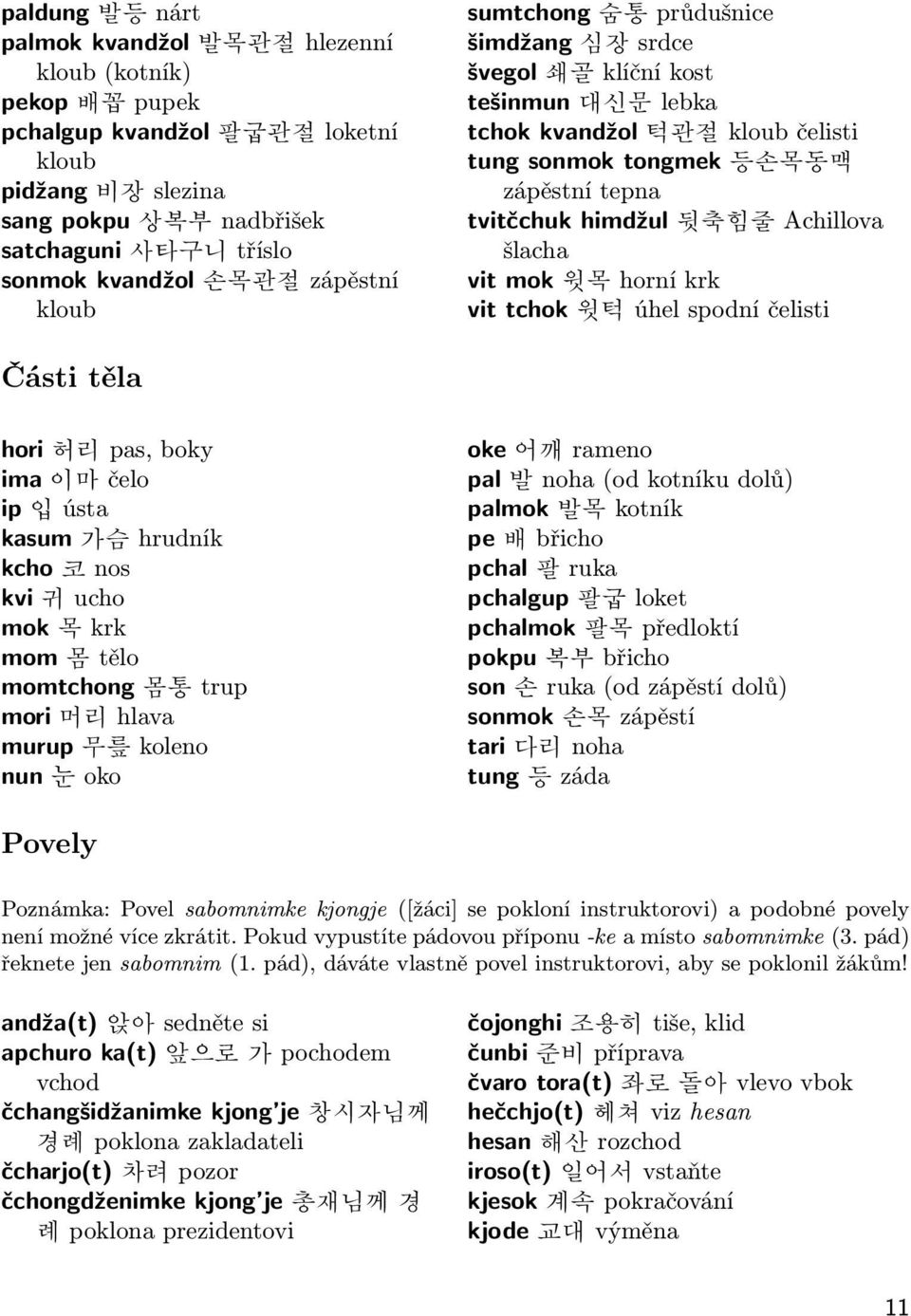 Achillova šlacha vit mok 윗목 horní krk vit tchok 윗턱 úhel spodní čelisti Části těla hori 허리 pas, boky ima 이마 čelo ip 입 ústa kasum 가슴 hrudník kcho 코 nos kvi 귀 ucho mok 목 krk mom 몸 tělo momtchong 몸통 trup