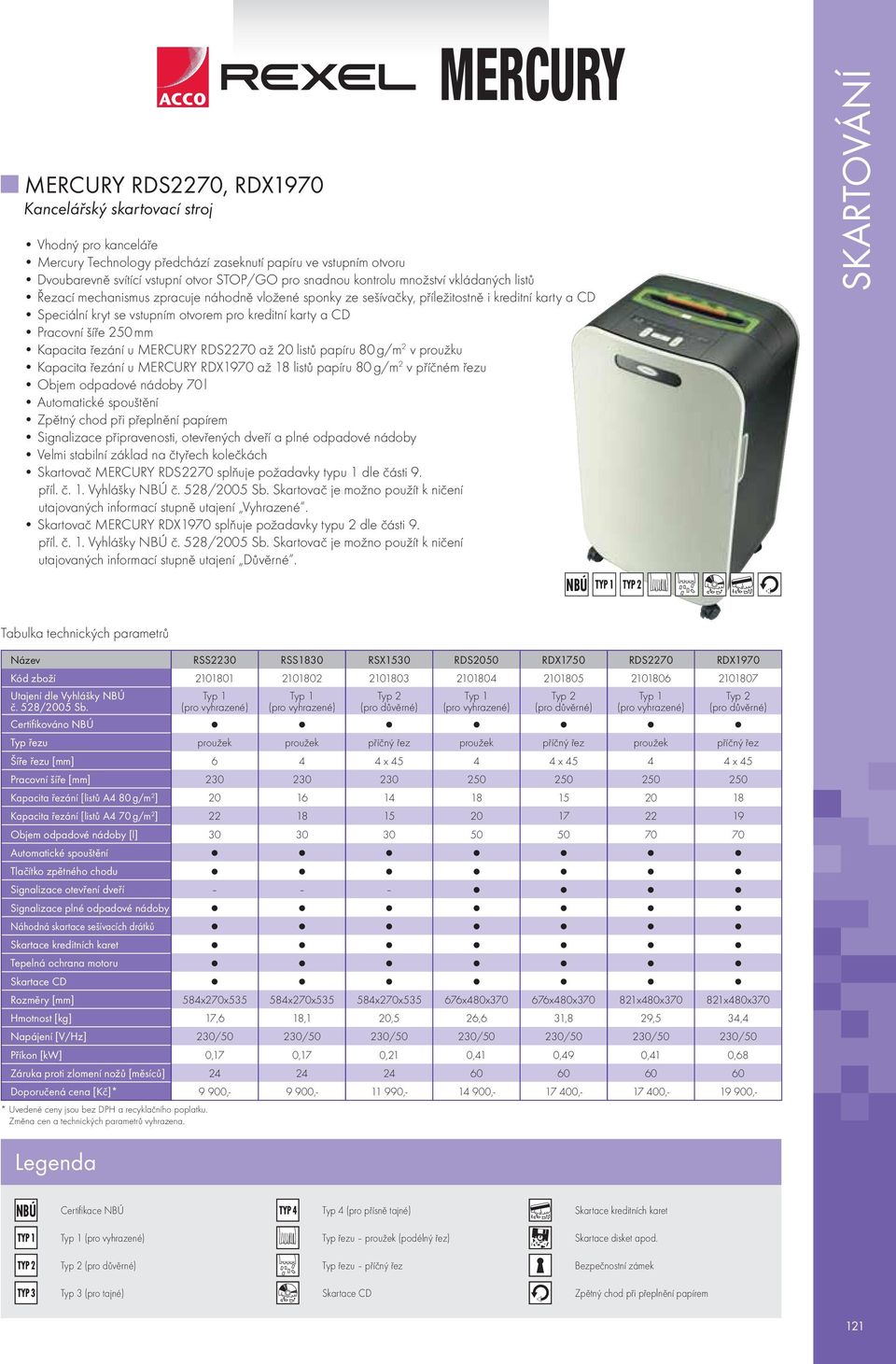 Pracovní šíře 250 mm Kapacita řezání u MERCURY RDS2270 až 20 listů papíru 80 g/m 2 v proužku Kapacita řezání u MERCURY RDX1970 až 18 listů papíru 80 g/m 2 v příčném řezu Objem odpadové nádoby 70 l