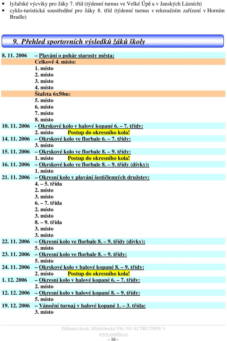 7. třídy: 2. místo Postup do okresního kola! 14. 11. 2006 Okrskové kolo ve florbale 6. 7. třídy: 3. místo 15. 11. 2006 Okrskové kolo ve florbale 8. 9. třídy: 1. místo Postup do okresního kola! 16. 11. 2006 Okrskové kolo ve florbale 8. 9. třídy (dívky): 1.