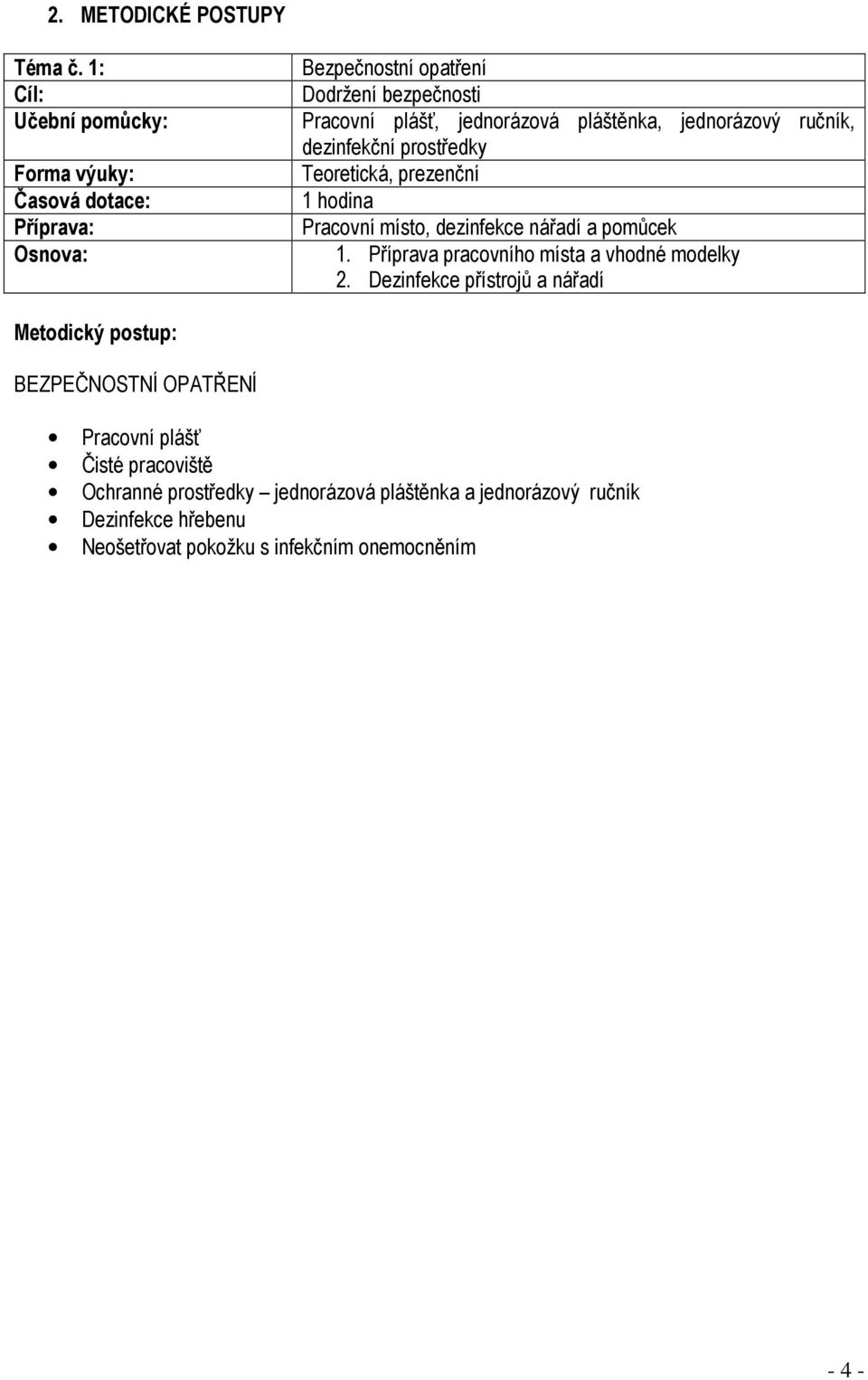 pláštěnka, jednorázový ručník, dezinfekční prostředky Teoretická, prezenční 1 hodina Pracovní místo, dezinfekce nářadí a pomůcek 1.