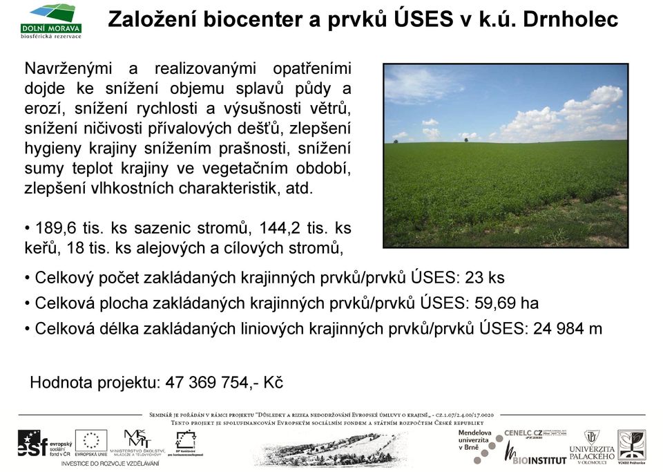 zlepšení hygieny krajiny snížením prašnosti, snížení sumy teplot krajiny ve vegetačním období, zlepšení vlhkostních charakteristik, atd. 189,6 tis.