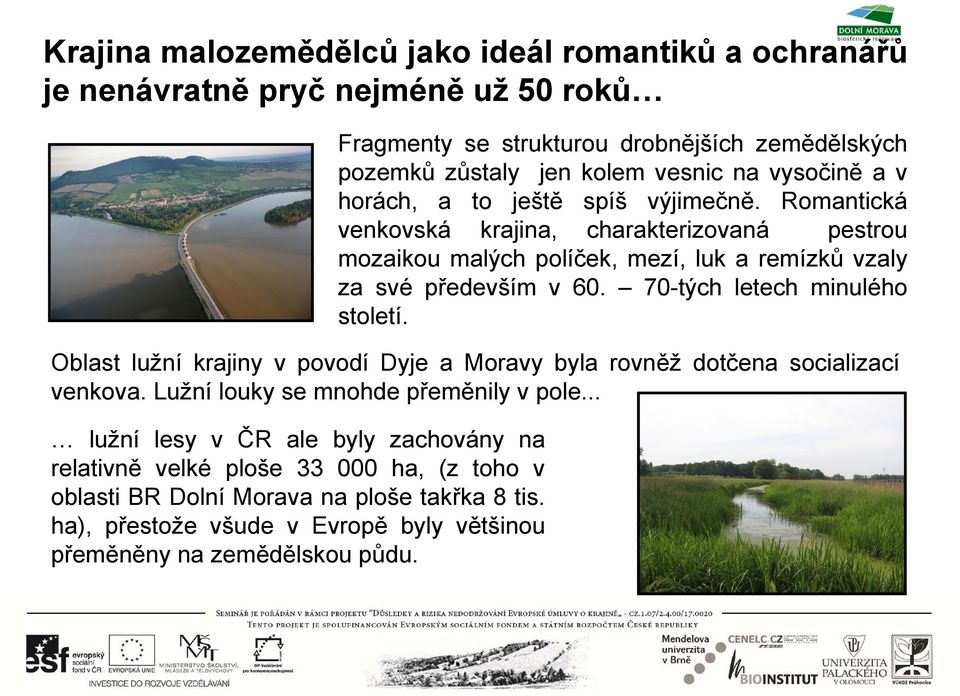 70-tých letech minulého století. Oblast lužní krajiny v povodí Dyje a Moravy byla rovněž dotčena socializací venkova. Lužní louky se mnohde přeměnily v pole.