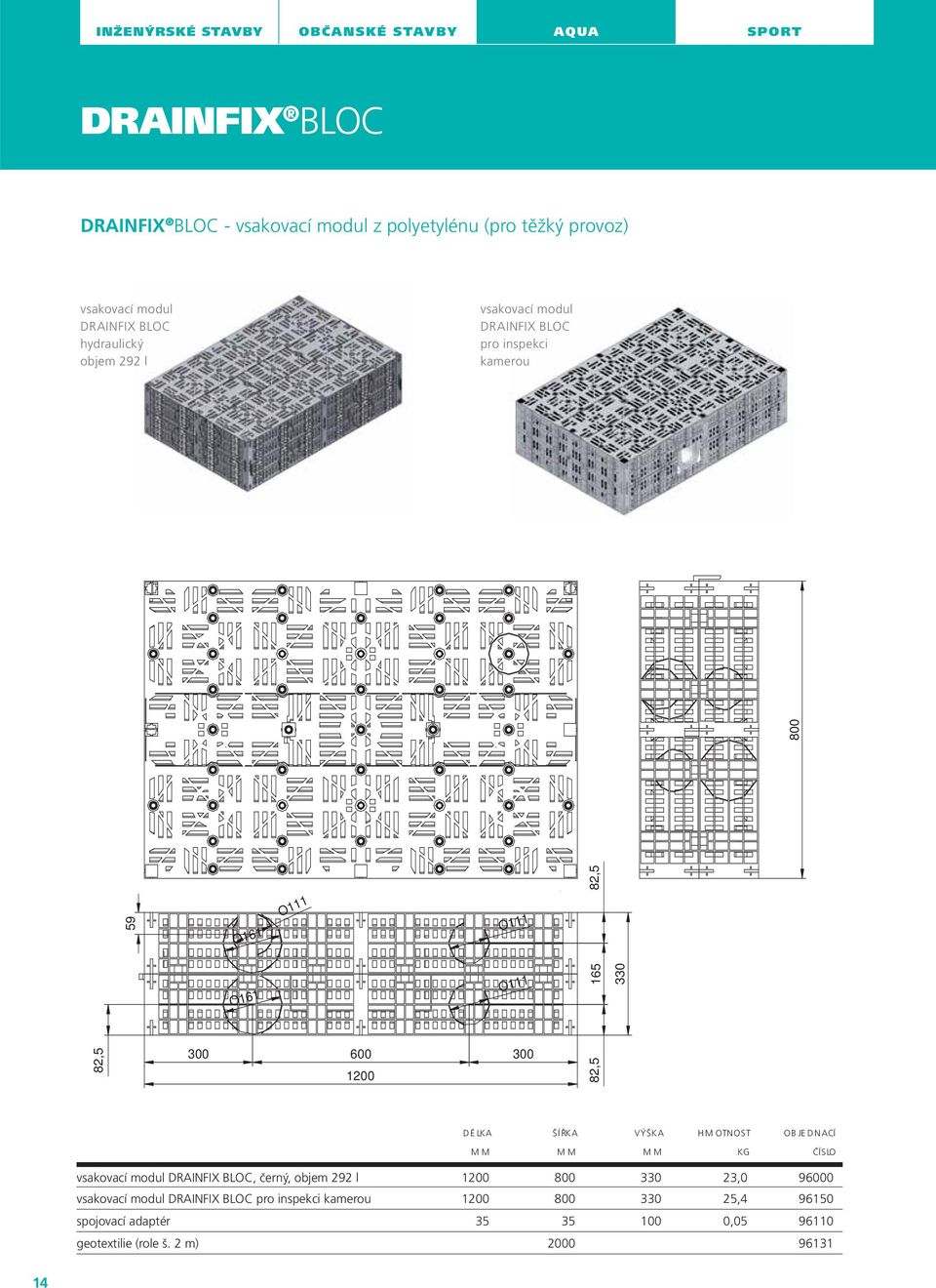 330 59 800 1200 DÉLKA ŠÍŘKA VÝŠKA HM OTNOST OB JE DNACÍ MM MM MM KG ČÍSLO vsakovací modul DRAINFIX BLOC, černý, objem 292 l 1200 800 330 23,0