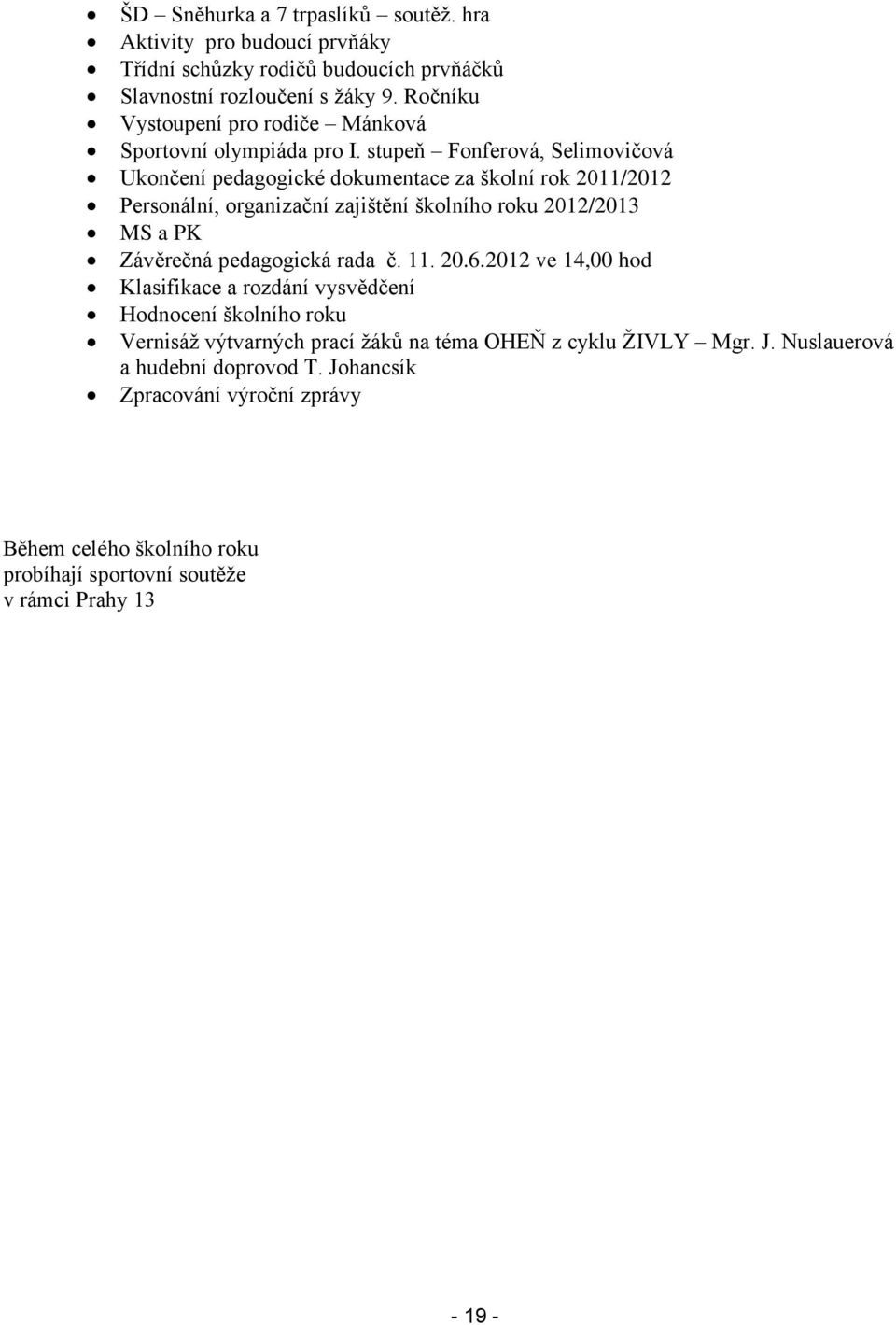 stupeň Fonferová, Selimovičová Ukončení pedagogické dokumentace za školní rok 2011/2012 Personální, organizační zajištění školního roku 2012/2013 MS a PK Závěrečná