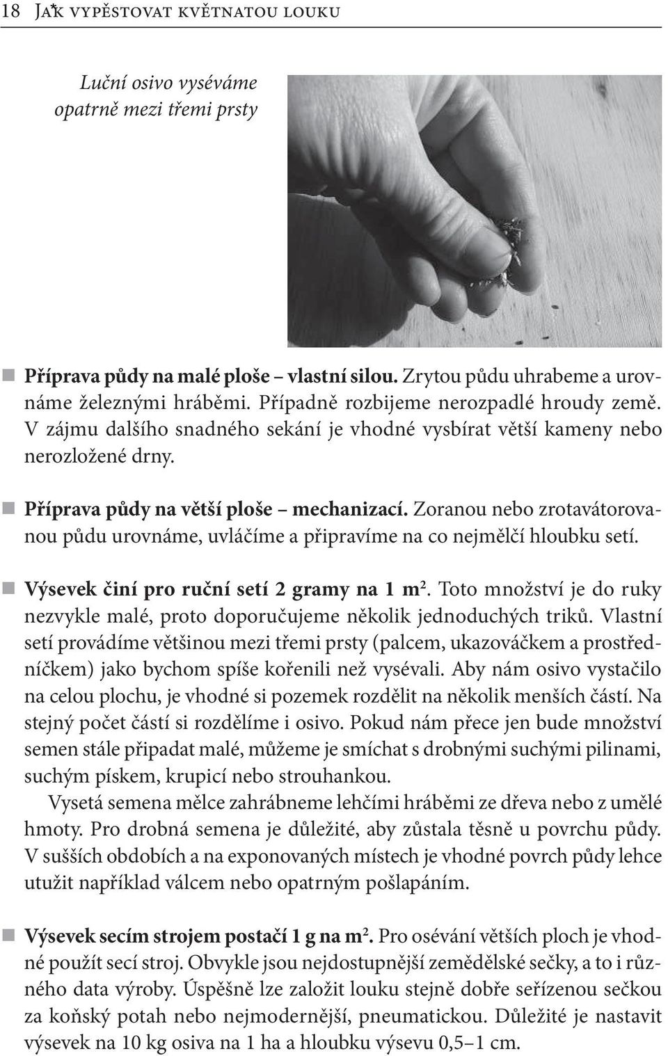 Zoranou nebo zrotavátorovanou půdu urovnáme, uvláčíme a připravíme na co nejmělčí hloubku setí. Výsevek činí pro ruční setí 2 gramy na 1 m 2.