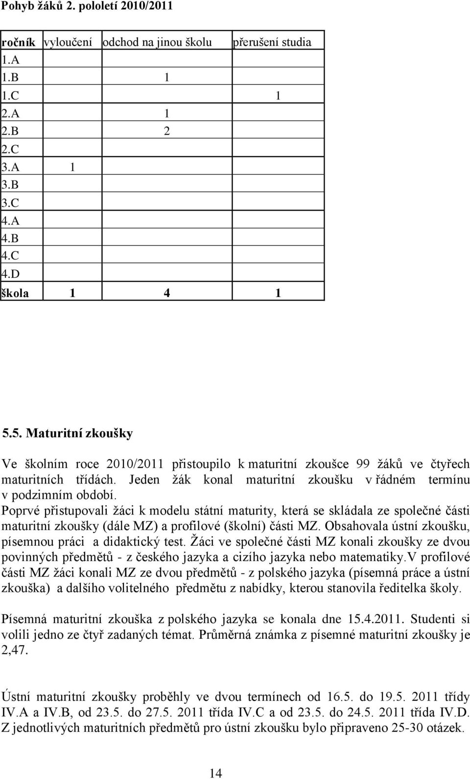 Poprvé přistupovali ţáci k modelu státní maturity, která se skládala ze společné části maturitní zkoušky (dále MZ) a profilové (školní) části MZ.