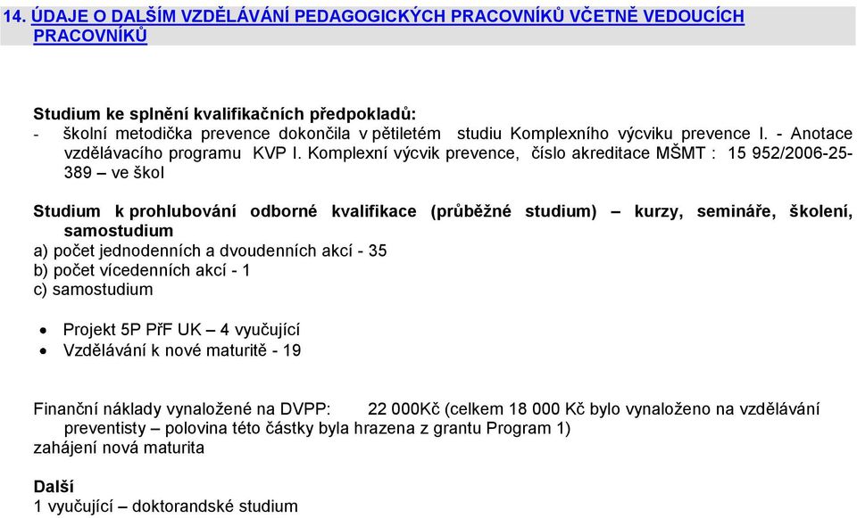 Komplexní výcvik prevence, číslo akreditace MŠMT : 15 952/2006-25- 389 ve škol Studium k prohlubování odborné kvalifikace (průběţné studium) kurzy, semináře, školení, samostudium a) počet