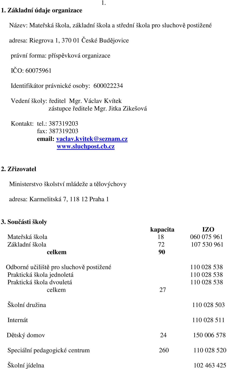 osoby: 600022234 Vedení školy: ředitel Mgr. Václav Kvítek zástupce ředitele Mgr. Jitka Zikešová Kontakt: tel.: 387319203 fax: 387319203 email: vaclav.kvitek@seznam.cz www.sluchpost.cb.cz 2.