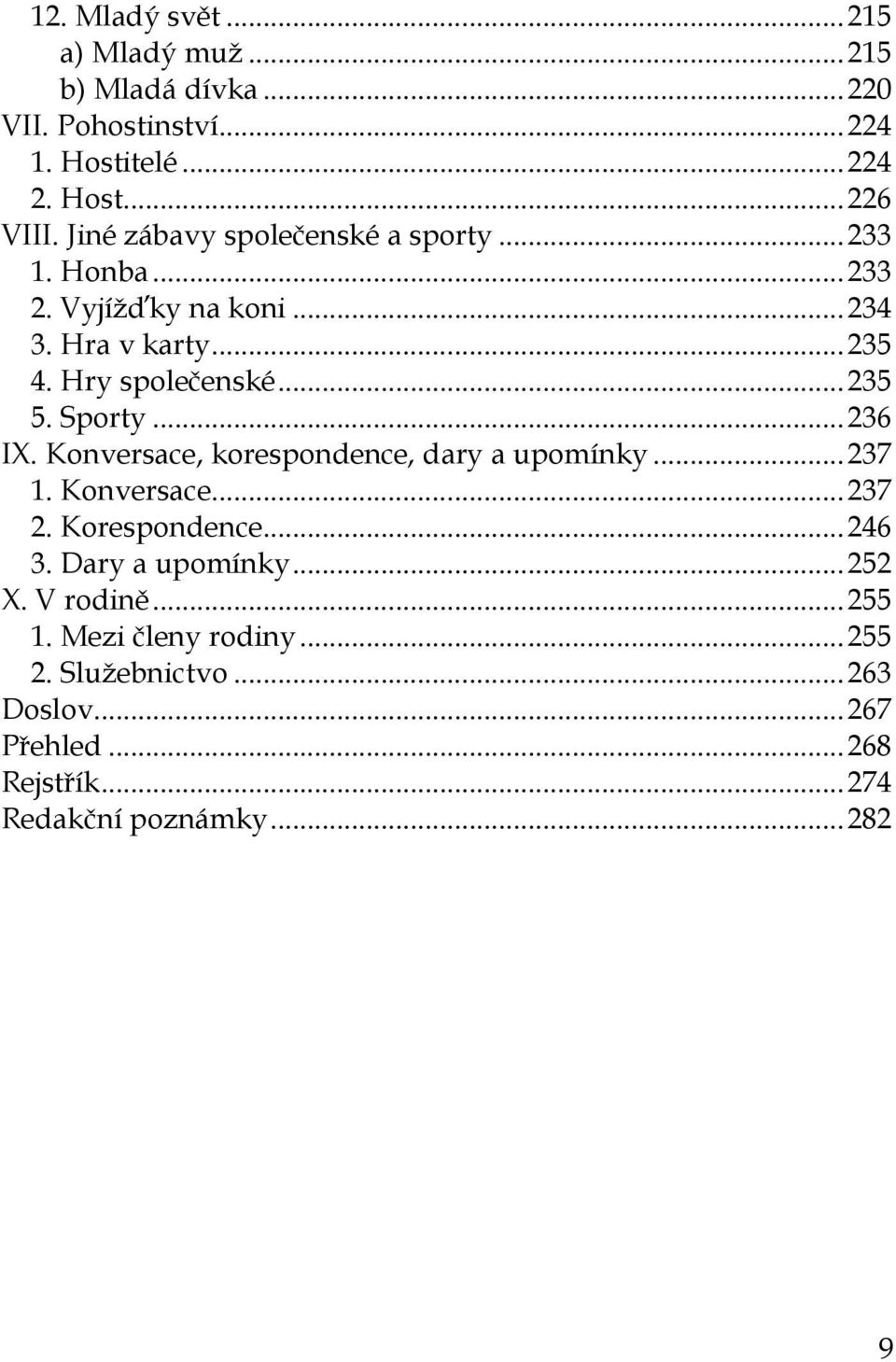 Sporty... 236 IX. Konversace, korespondence, dary a upomínky... 237 1. Konversace... 237 2. Korespondence... 246 3. Dary a upomínky.