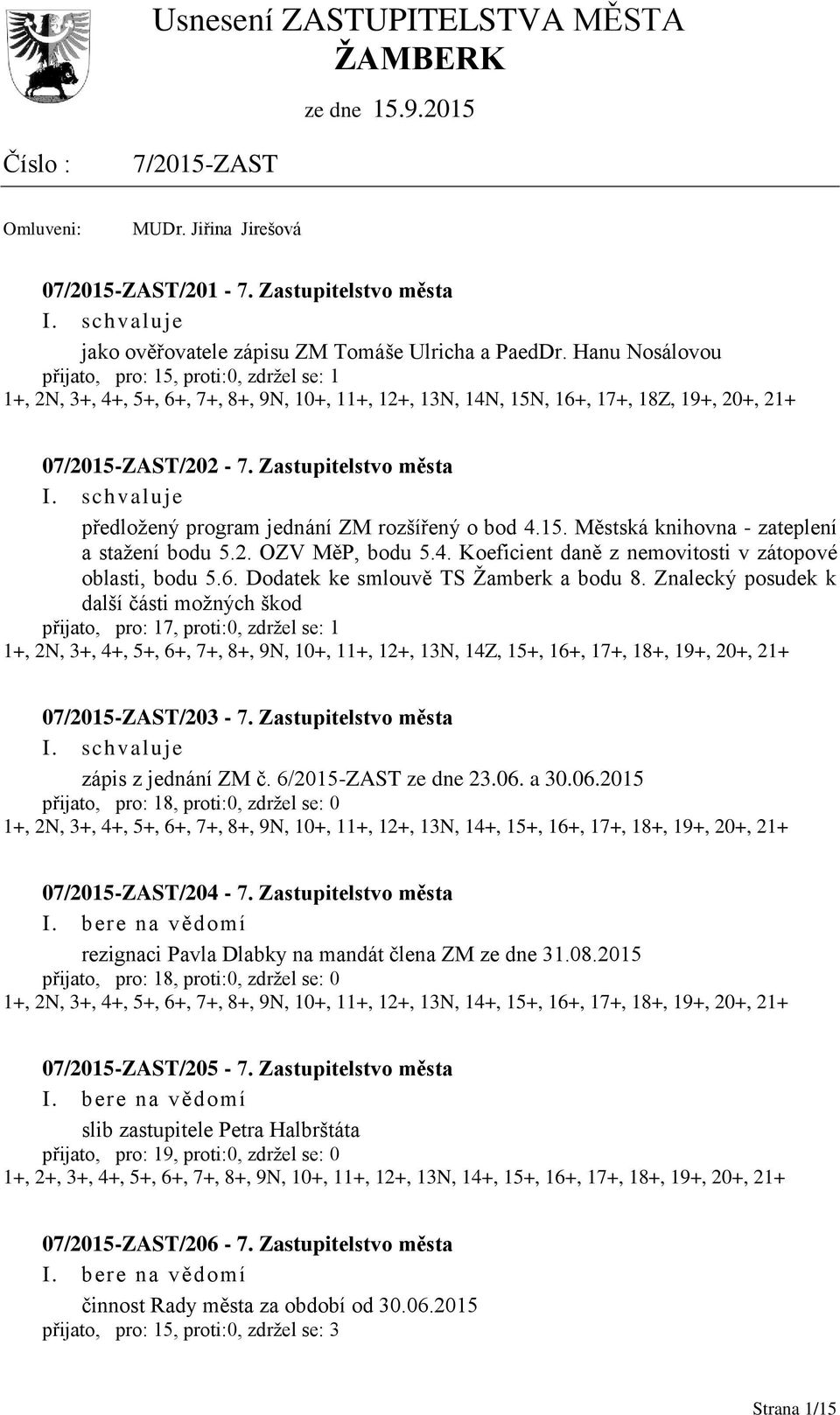 předložený program jednání ZM rozšířený o bod 4.15. Městská knihovna - zateplení a stažení bodu 5.2. OZV MěP, bodu 5.4. Koeficient daně z nemovitosti v zátopové oblasti, bodu 5.6.