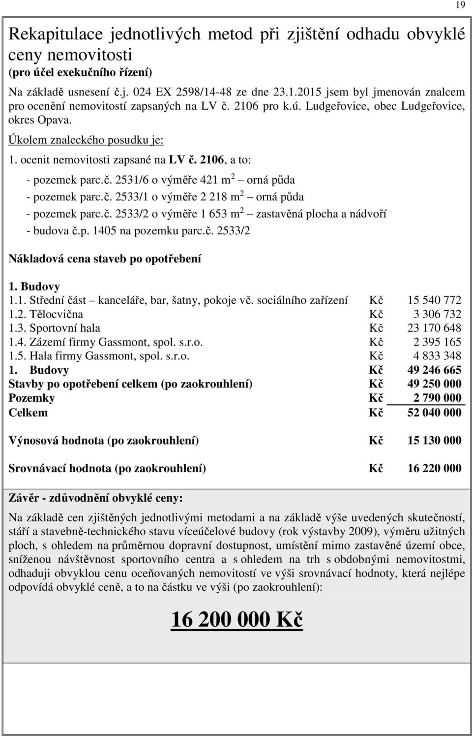 ocenit nemovitosti zapsané na LV č. 2106, a to: - pozemek parc.č. 2531/6 o výměře 421 m 2 orná půda - pozemek parc.č. 2533/1 o výměře 2 218 m 2 orná půda - pozemek parc.č. 2533/2 o výměře 1 653 m 2 zastavěná plocha a nádvoří - budova č.