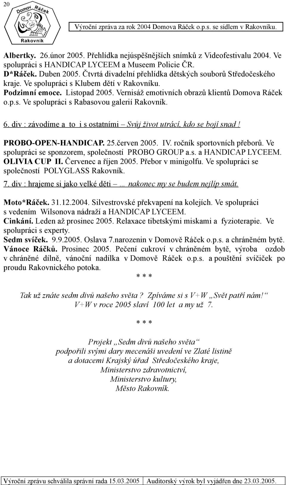 6. div : závodíme a to i s ostatními Svůj život utrácí, kdo se bojí snad! PROBO-OPEN-HANDICAP. 25.červen 2005. IV. ročník sportovních přeborů. Ve spolupráci se sponzorem, společností PROBO GROUP a.s. a HANDICAP LYCEEM.