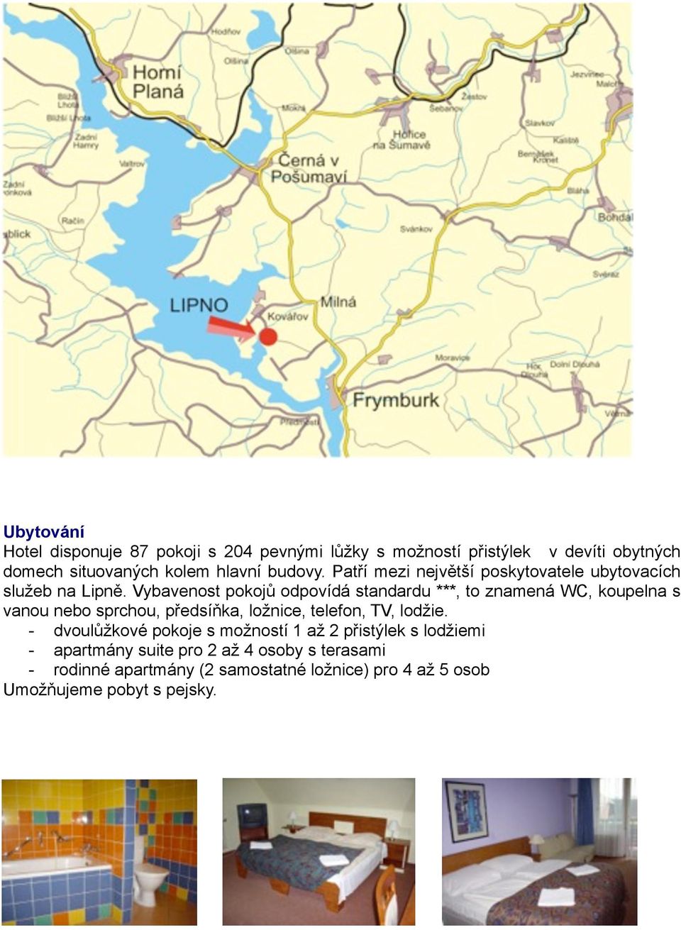 Vybavenost pokojů odpovídá standardu ***, to znamená WC, koupelna s vanou nebo sprchou, předsíňka, ložnice, telefon, TV, lodžie.