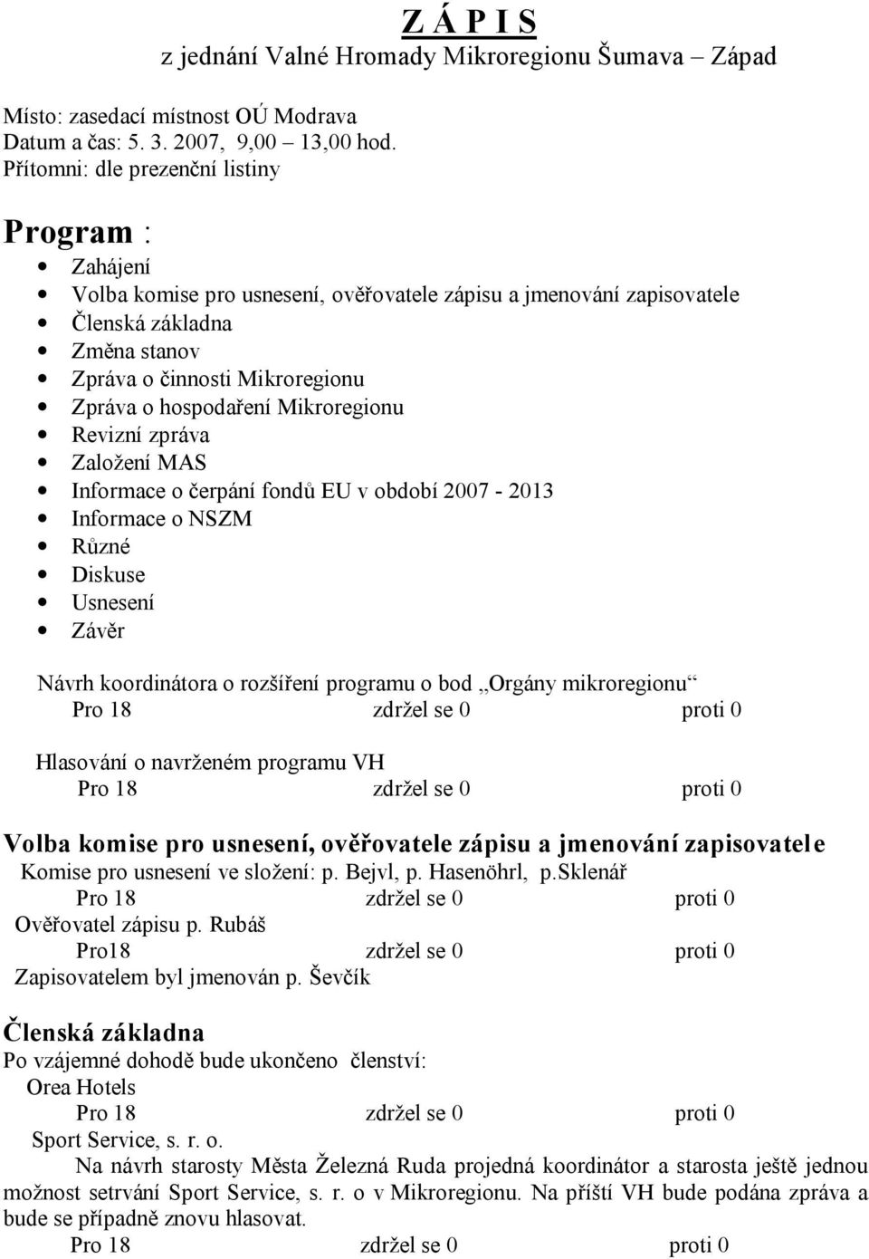 hospodaření Mikroregionu Revizní zpráva Založení MAS Informace o čerpání fondů EU v období 2007-2013 Informace o NSZM Různé Diskuse Usnesení Závěr Návrh koordinátora o rozšíření programu o bod Orgány