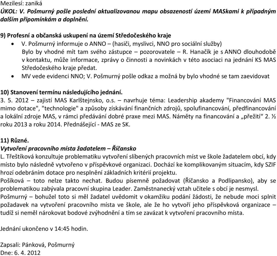 Hanačík je s ANNO dlouhodobě v kontaktu, může informace, zprávy o činnosti a novinkách v této asociaci na jednání KS MAS Středočeského kraje předat. MV vede evidenci NNO; V.