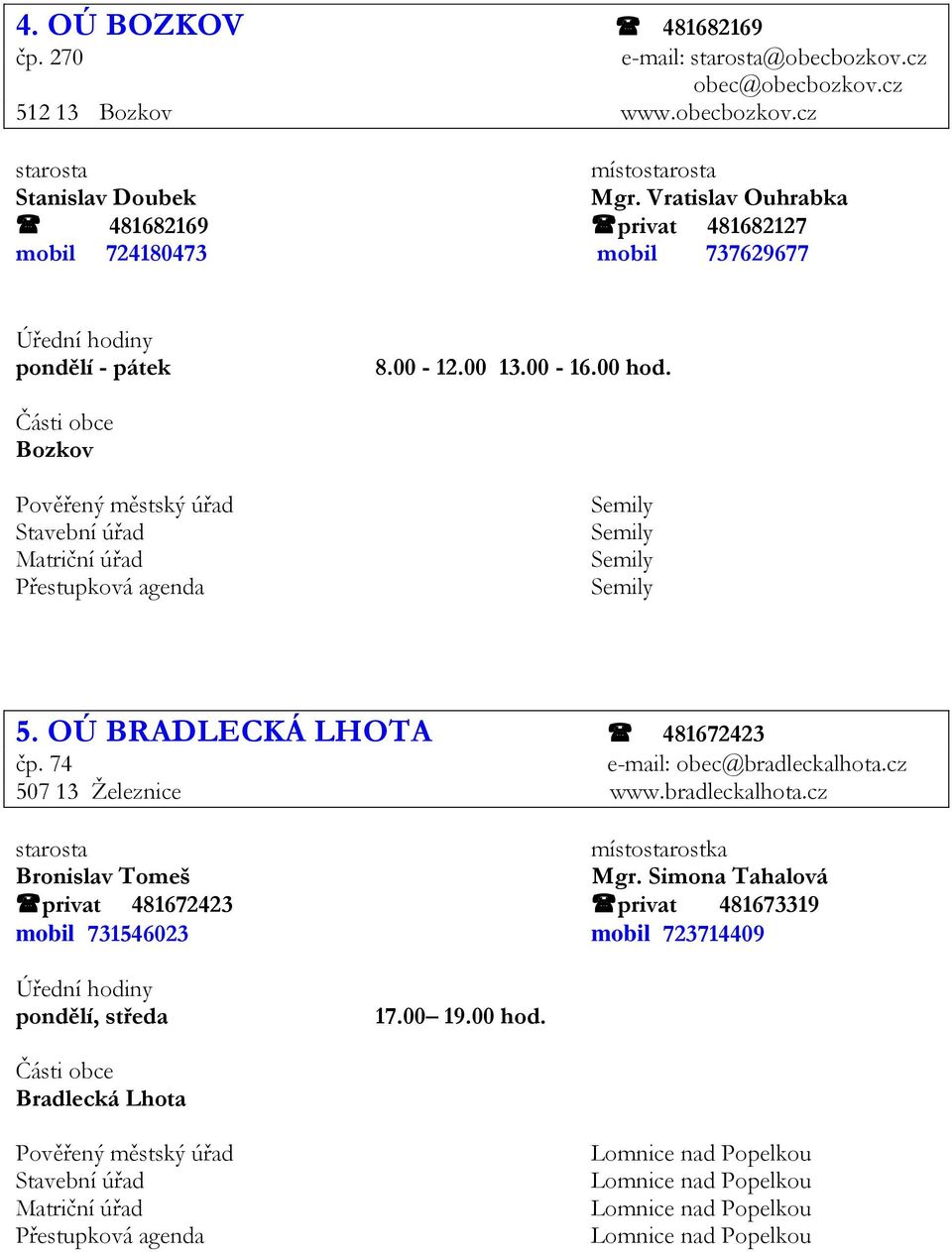 OÚ BRADLECKÁ LHOTA 481672423 čp. 74 e-mail: obec@bradleckalhota.cz 507 13 Ţeleznice www.bradleckalhota.cz místostarostka Bronislav Tomeš Mgr.