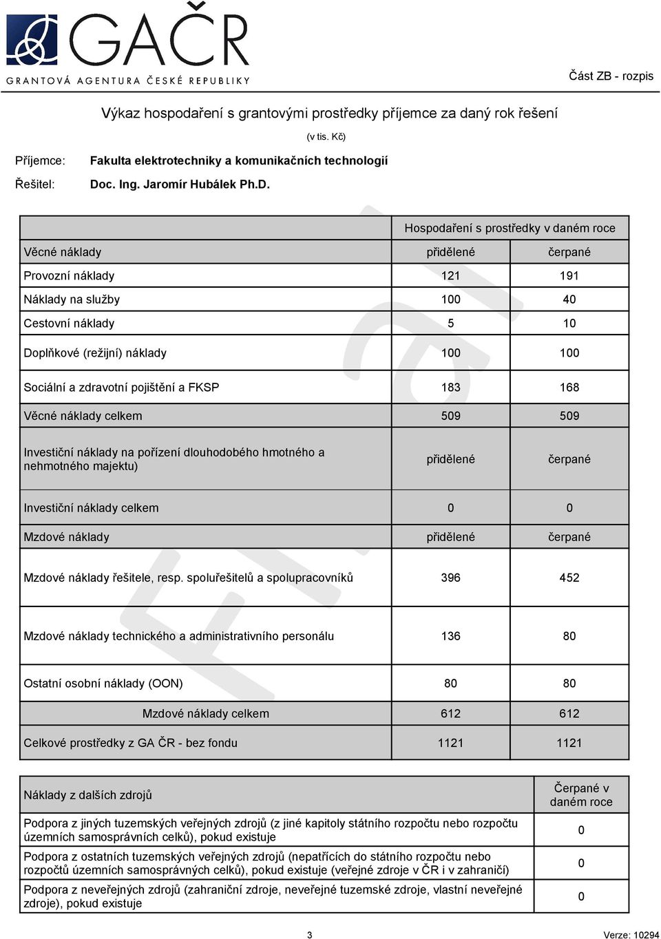 pojištění a FKSP Věcné náklady celkem 183 168 59 59 Investiční náklady na pořízení dlouhodobého hmotného a nehmotného majektu) přidělené čerpané Investiční náklady celkem Mzdové náklady přidělené