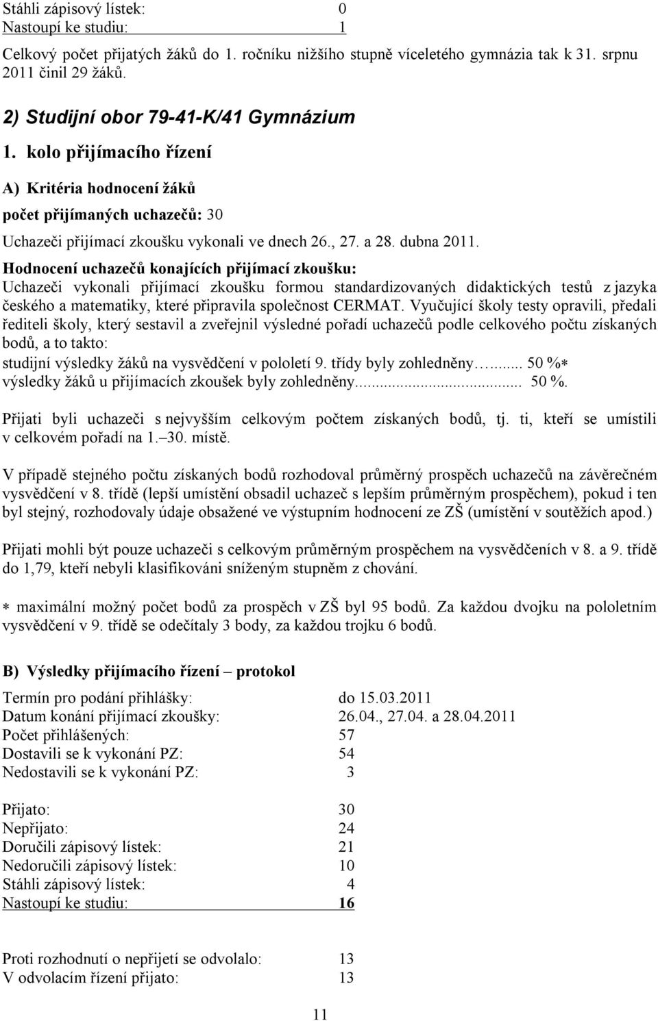 Hodnocení uchazečů konajících přijímací zkoušku: Uchazeči vykonali přijímací zkoušku formou standardizovaných didaktických testů z jazyka českého a matematiky, které připravila společnost CERMAT.