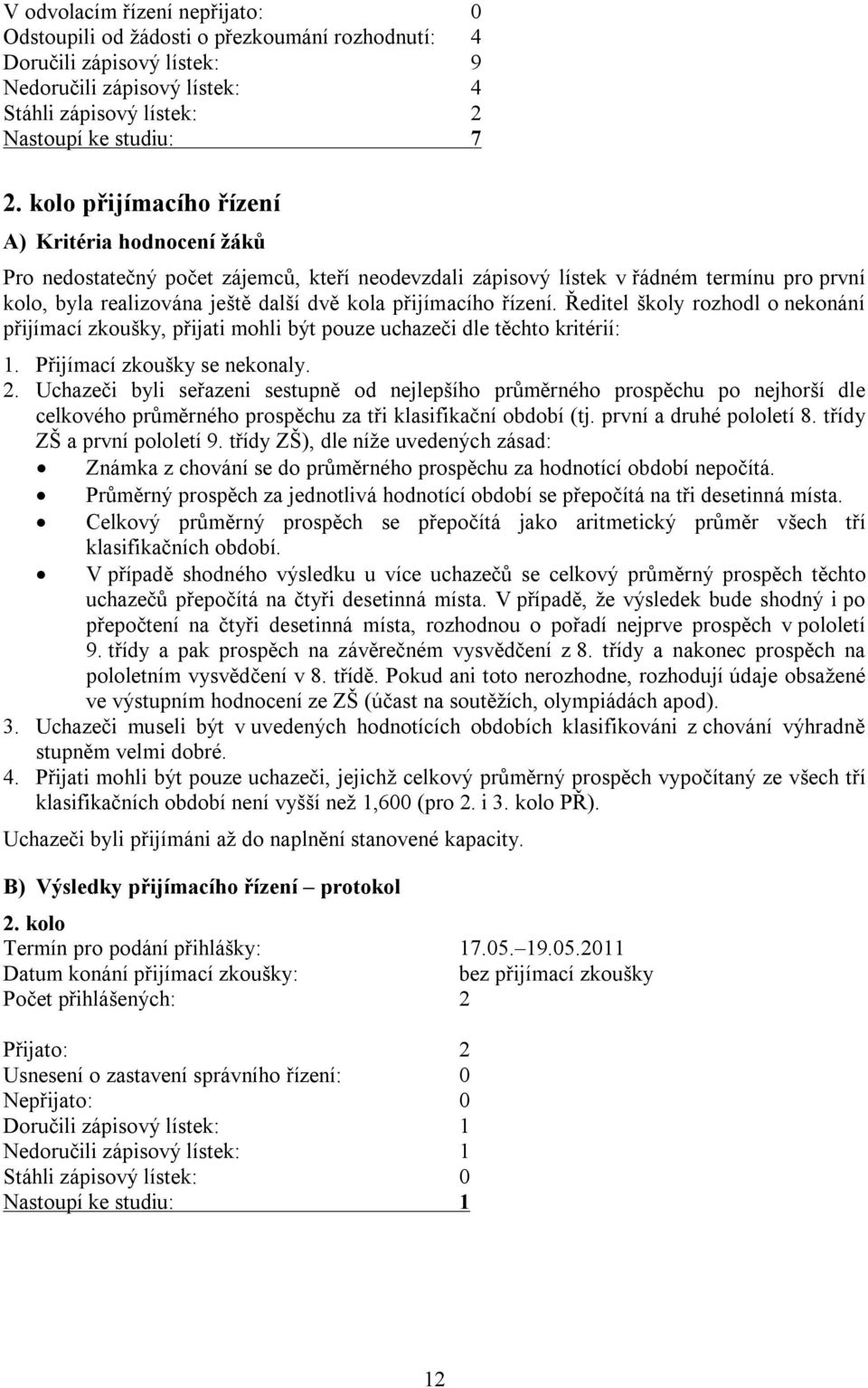 řízení. Ředitel školy rozhodl o nekonání přijímací zkoušky, přijati mohli být pouze uchazeči dle těchto kritérií: 1. Přijímací zkoušky se nekonaly. 2.