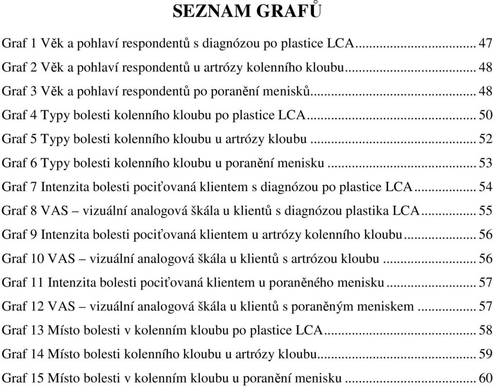 .. 53 Graf 7 Intenzita bolesti pociťovaná klientem s diagnózou po plastice LCA... 54 Graf 8 VAS vizuální analogová škála u klientů s diagnózou plastika LCA.