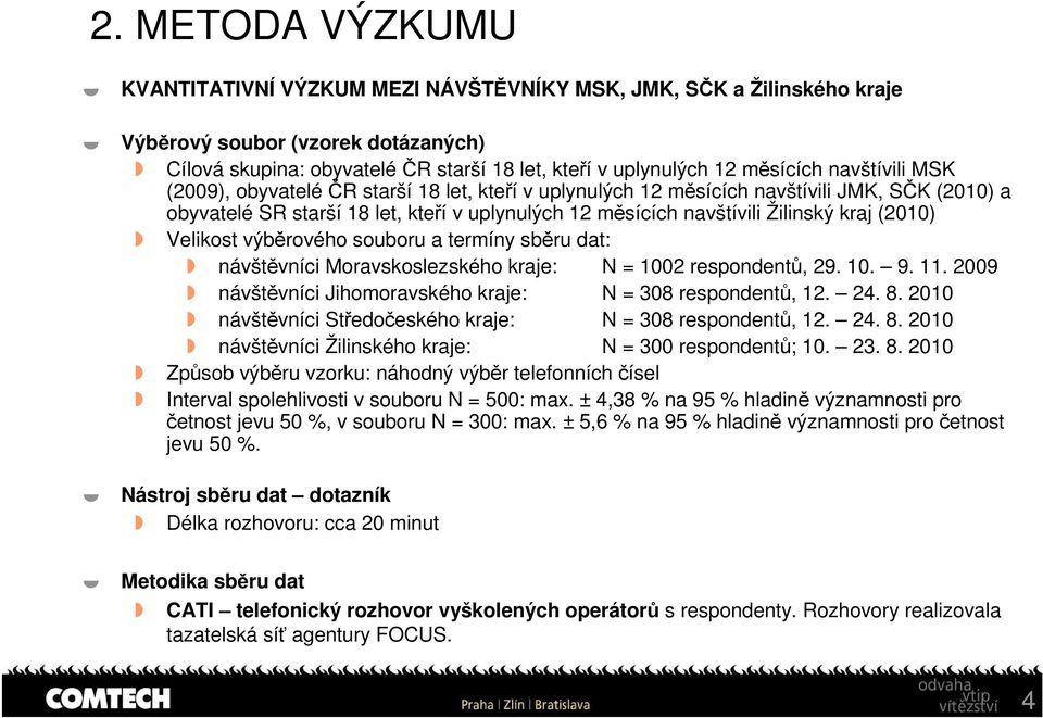 Velikost výběrového souboru a termíny sběru dat: návštěvníci Moravskoslezského kraje: N = 002 respondentů, 29. 0. 9.. 2009 návštěvníci Jihomoravského kraje: N = 308 respondentů, 2. 24. 8.