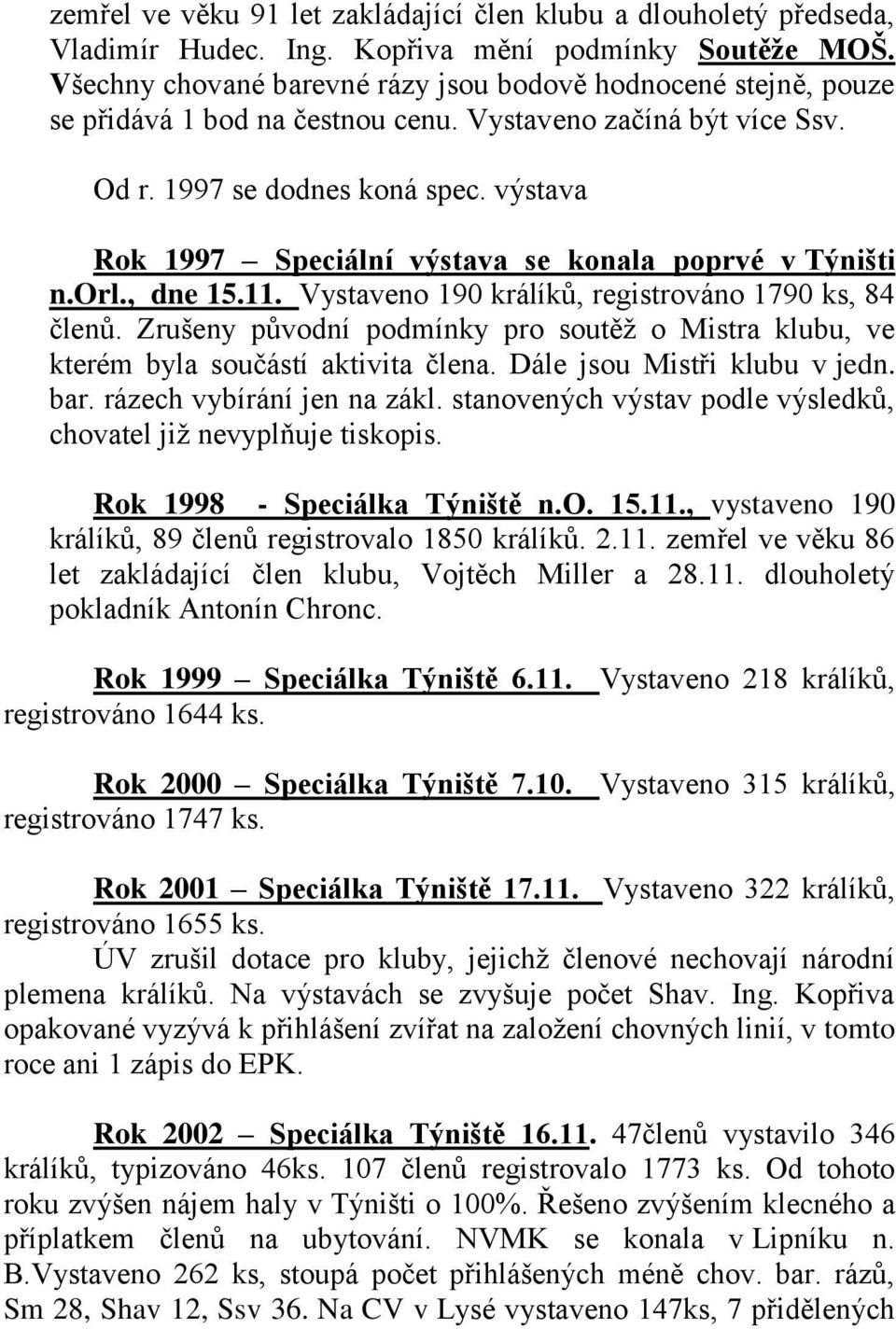 výstava Rok 1997 Speciální výstava se konala poprvé v Týništi n.orl., dne 15.11. Vystaveno 190 králíků, registrováno 1790 ks, 84 členů.