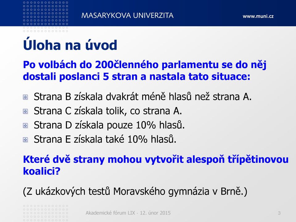 Strana D získala pouze 10% hlasů. Strana E získala také 10% hlasů.