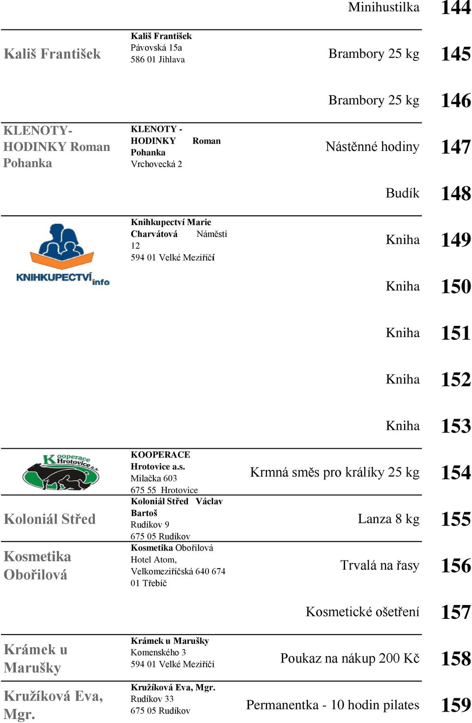 s. Milačka 603 675 55 Hrotovice Koloniál Střed Václav Bartoš 9 Kosmetika Obořilová Hotel Atom, Velkomeziříčská 640 674 01 Třebíč Krmná směs pro králíky 25 kg 154 Lanza 8 kg 155 Trvalá