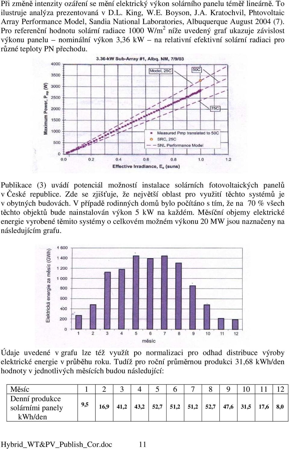 Pro referenční hodnotu solární radiace 1000 W/m 2 níže uvedený graf ukazuje závislost výkonu panelu nominální výkon 3,36 kw na relativní efektivní solární radiaci pro různé teploty PN přechodu.