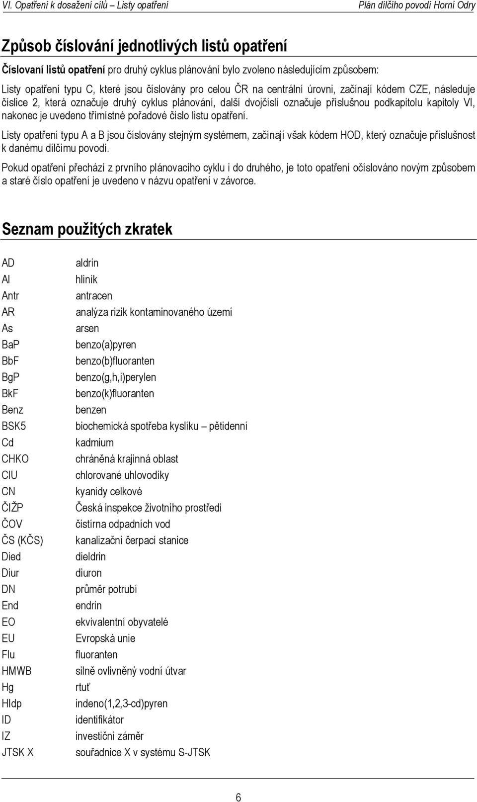 číslo listu opatření. Listy opatření typu A a B jsou číslovány stejným systémem, začínají však kódem HOD, který označuje příslušnost k danému dílčímu povodí.