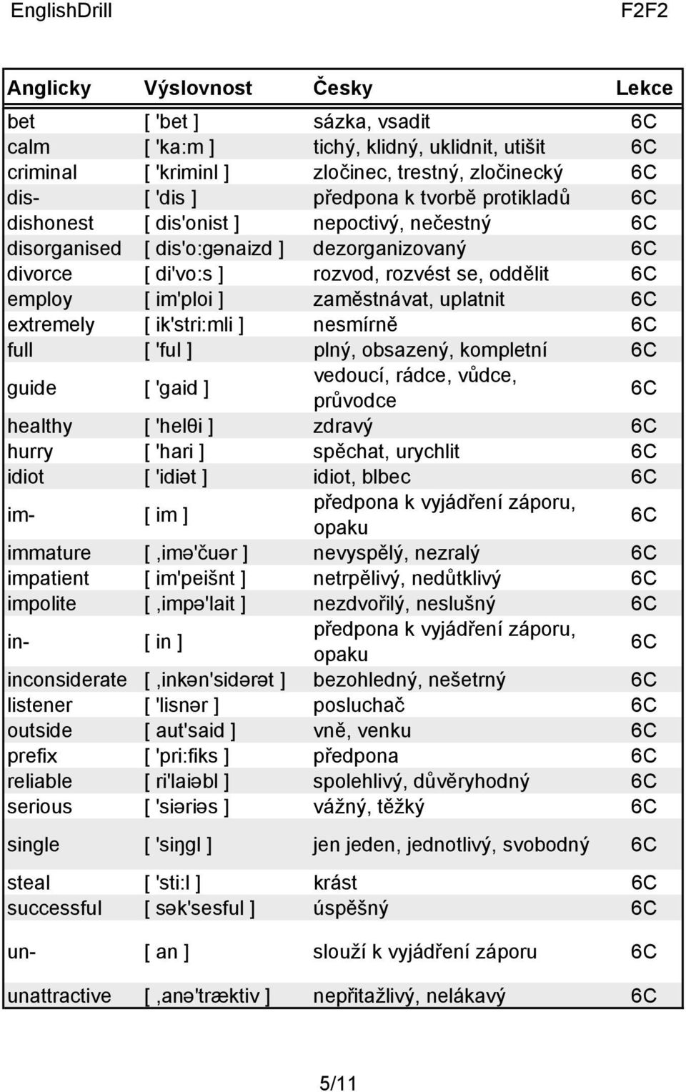 ik'stri:mli ] nesmírně 6C full [ 'ful ] plný, obsazený, kompletní 6C guide [ 'gaid ] vedoucí, rádce, vůdce, průvodce 6C healthy [ 'helθi ] zdravý 6C hurry [ 'hari ] spěchat, urychlit 6C idiot [