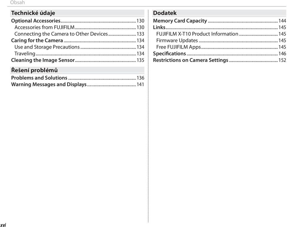..135 Řešení problémů Problems and Solutions...136 Warning Messages and Displays...141 Dodatek Memory Card Capacity...144 Links.