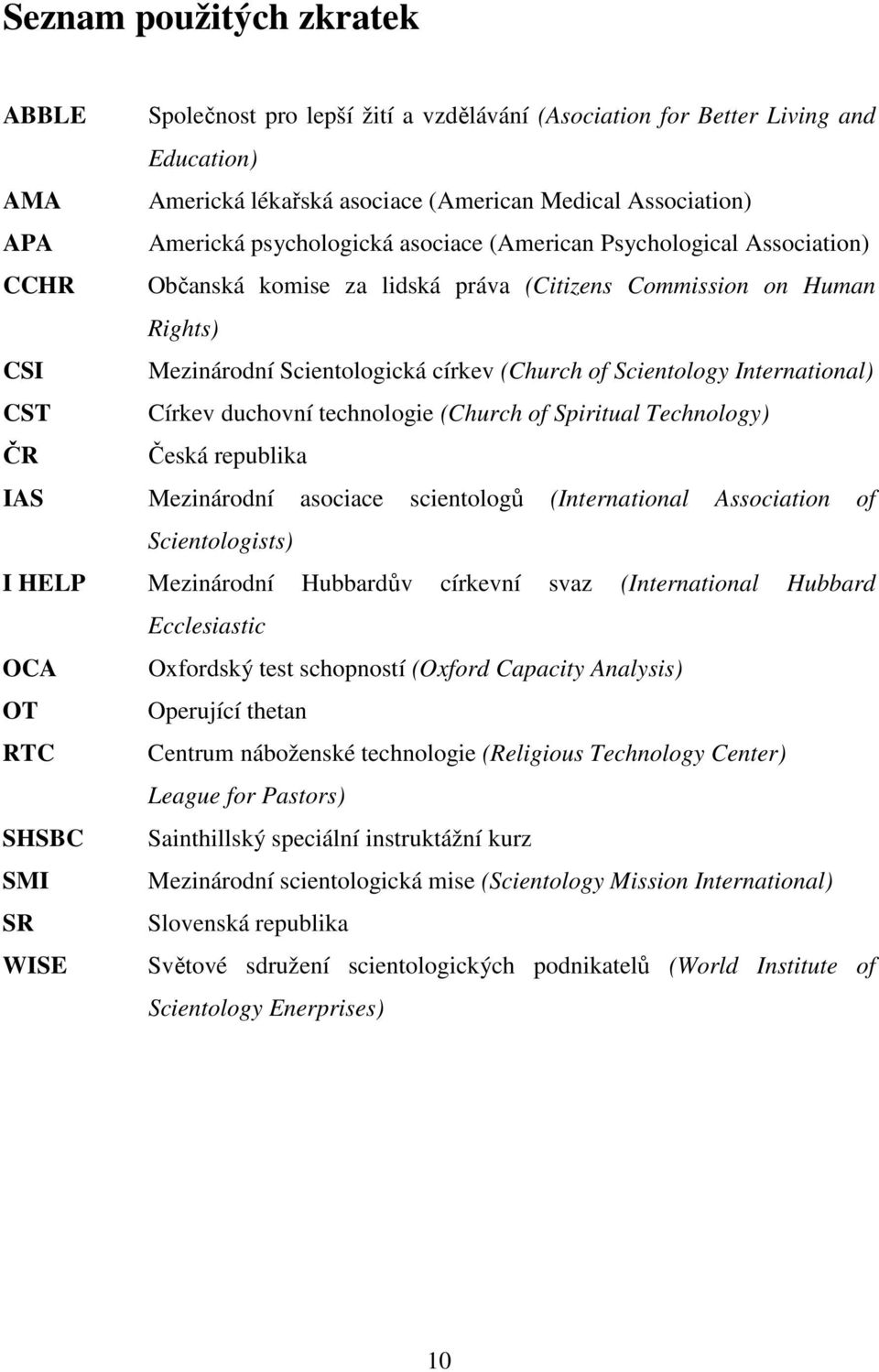 International) CST Církev duchovní technologie (Church of Spiritual Technology) ČR Česká republika IAS Mezinárodní asociace scientologů (International Association of Scientologists) I HELP