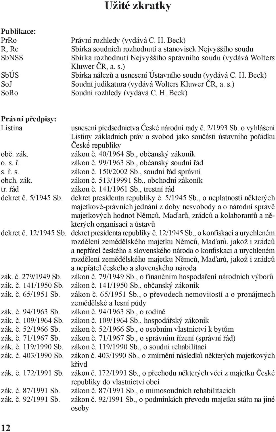 H. Beck) SoJ Soudní judikatura (vydává Wolters Kluwer ČR, a. s.) SoRo Soudní rozhledy (vydává C. H. Beck) Právní předpisy: Listina usnesení předsednictva České národní rady č. 2/1993 Sb.