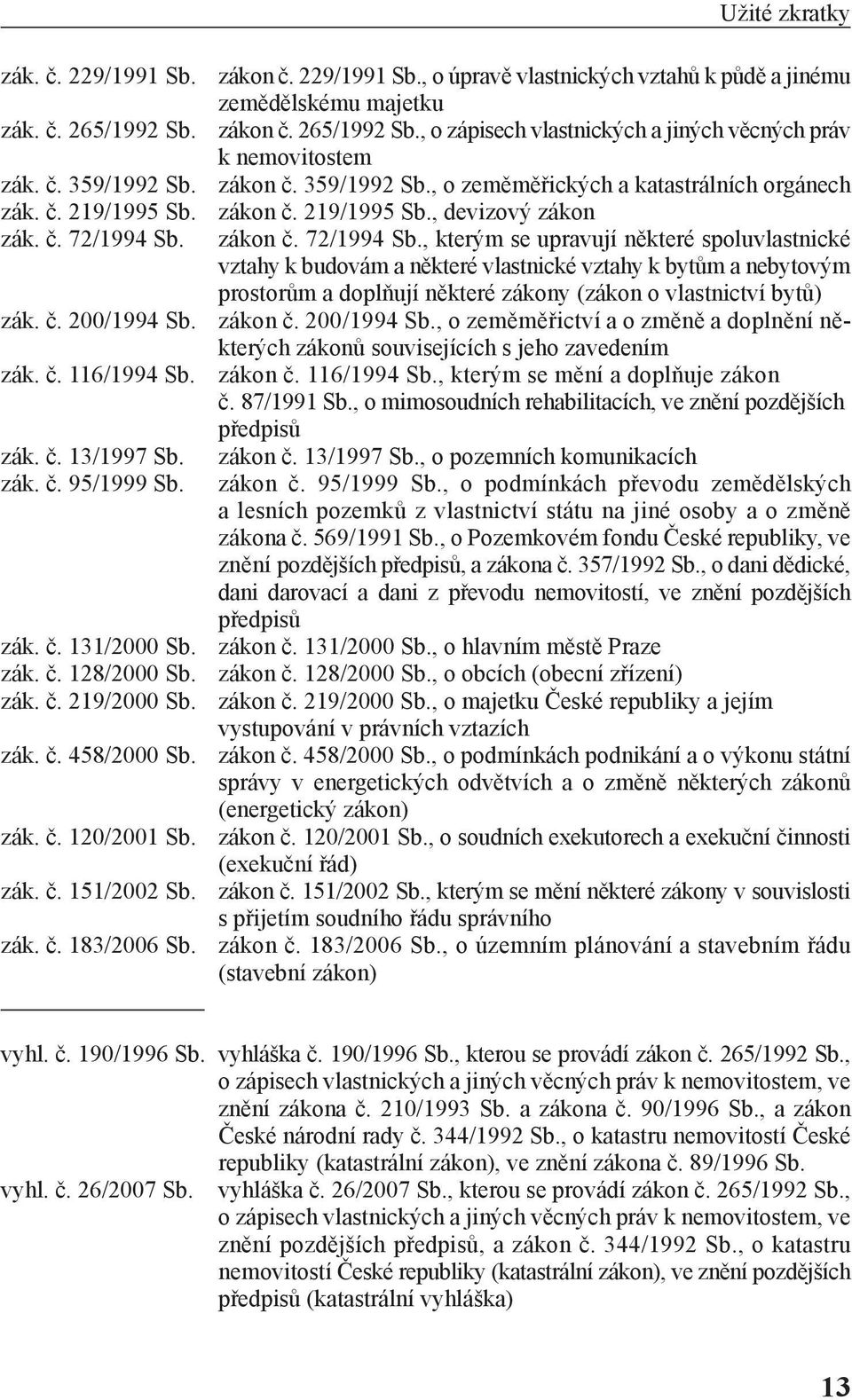 , o úpravě vlastnických vztahů k půdě a jinému zemědělskému majetku zákon č. 265/1992 Sb., o zápisech vlastnických a jiných věcných práv k nemovitostem zákon č. 359/1992 Sb.