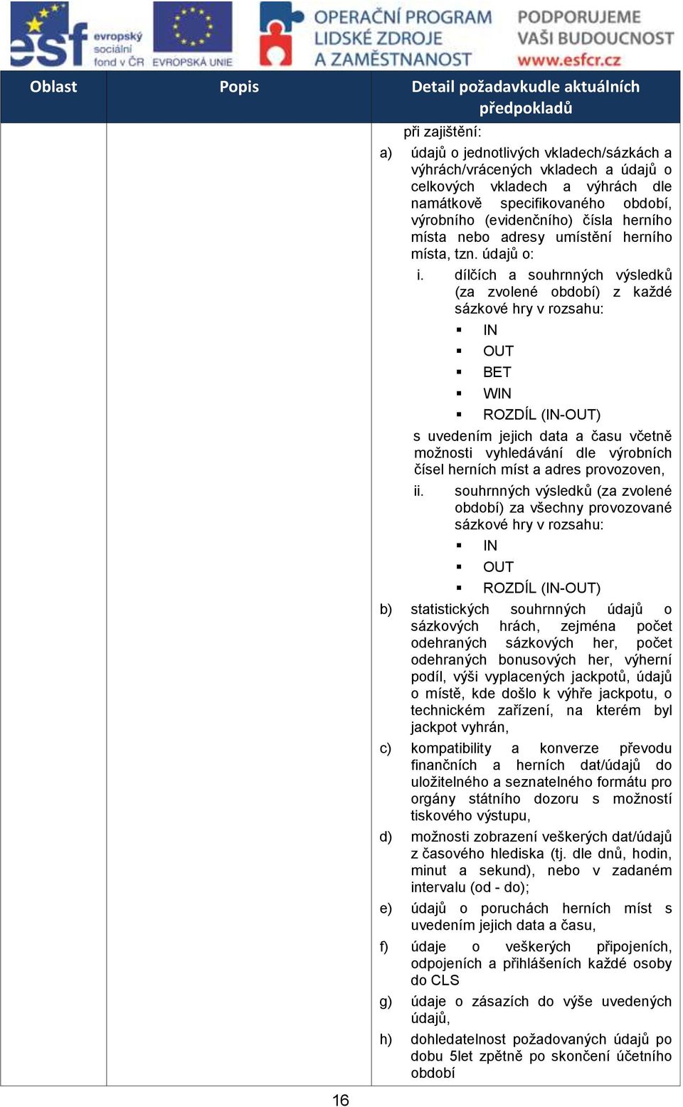 dílčích a souhrnných výsledků (za zvolené období) z každé sázkové hry v rozsahu: IN OUT BET WIN ROZDÍL (IN-OUT) s uvedením jejich data a času včetně možnosti vyhledávání dle výrobních čísel herních