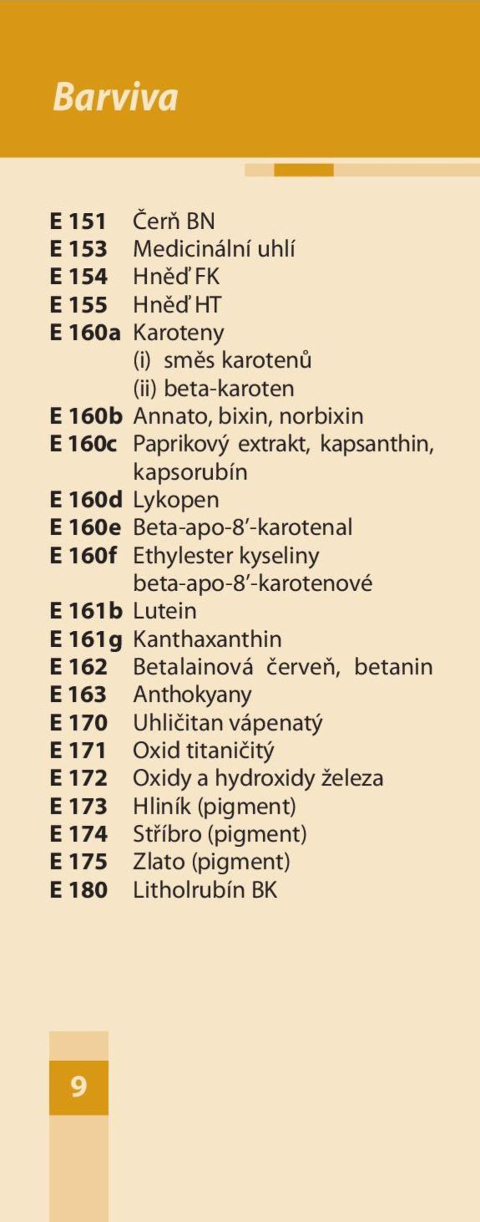 kyseliny beta-apo-8 -karotenové E 161b Lutein E 161g Kanthaxanthin E 162 Betalainová červeň, betanin E 163 Anthokyany E 170 Uhličitan