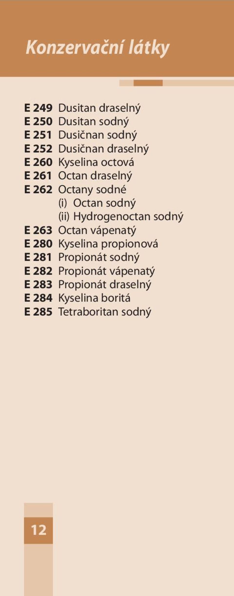 sodný (ii) Hydrogenoctan sodný E 263 Octan vápenatý E 280 Kyselina propionová E 281 Propionát