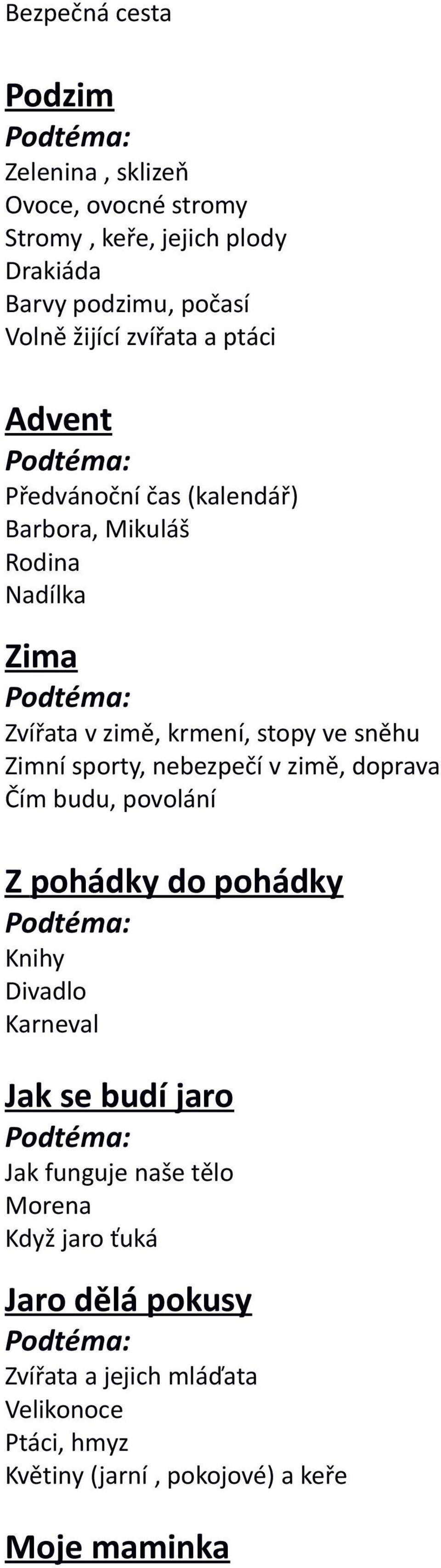 Zimní sporty, nebezpečí v zimě, doprava Čím budu, povolání Z pohádky do pohádky Podtéma: Knihy Divadlo Karneval Jak se budí jaro Podtéma: Jak