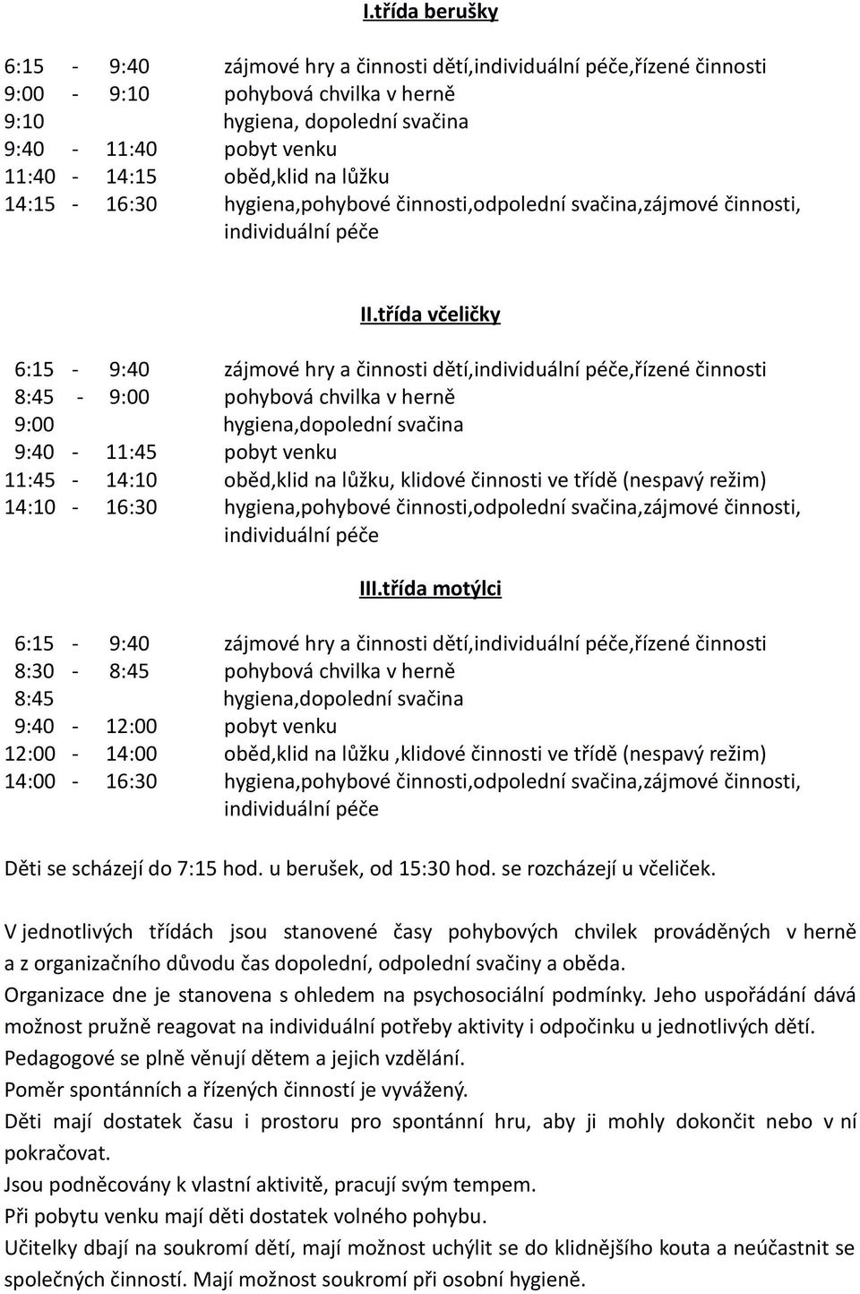 třída včeličky 6:15-9:40 zájmové hry a činnosti dětí,individuální péče,řízené činnosti 8:45-9:00 pohybová chvilka v herně 9:00 hygiena,dopolední svačina 9:40-11:45 pobyt venku 11:45-14:10 oběd,klid