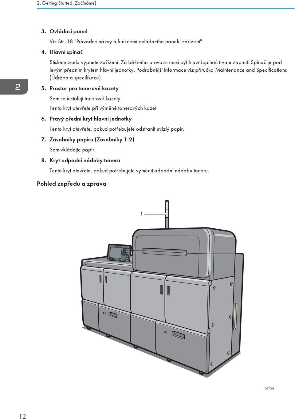 Podrobnější informace viz příručka Maintenance and Specifications (Údržba a specifikace). 5. Prostor pro tonerové kazety Sem se instalují tonerové kazety.