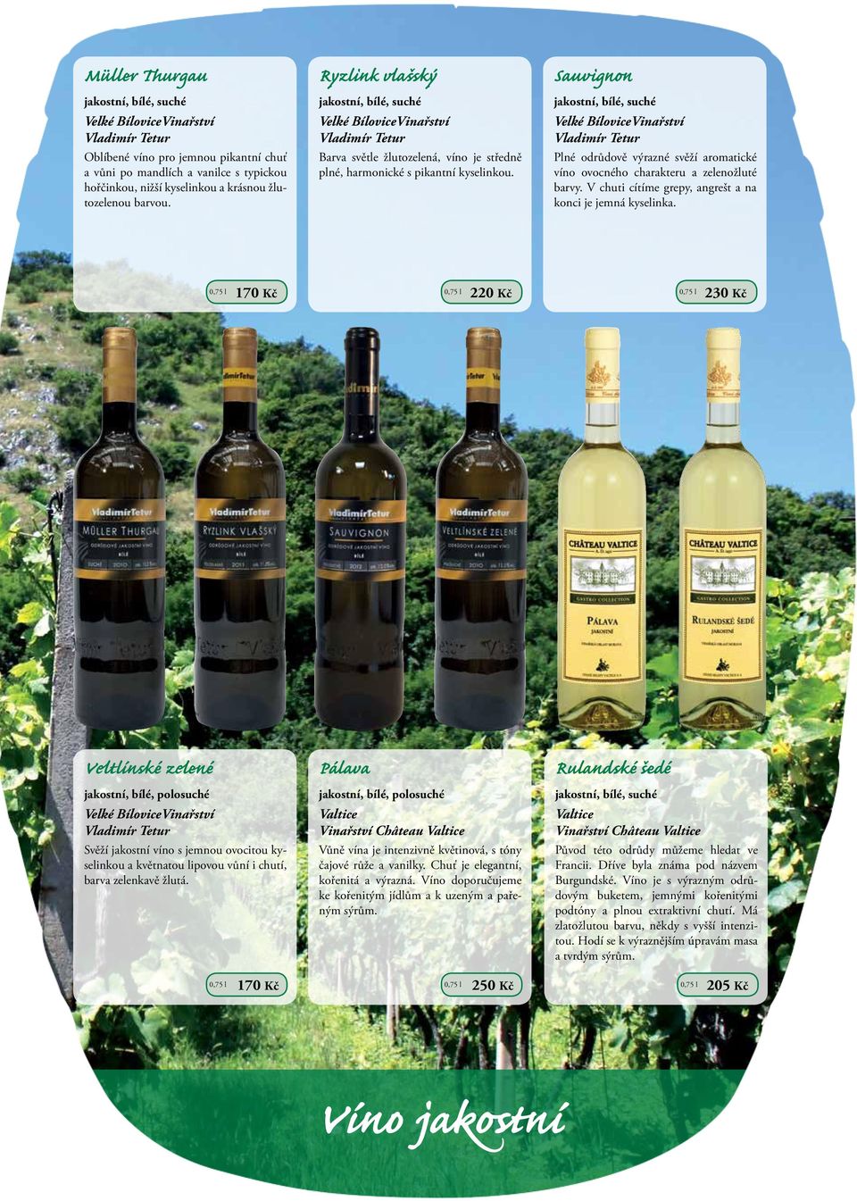 Sauvignon jakostní, bílé, suché Velké BíloviceVinařství Vladimír Tetur Plné odrůdově výrazné svěží aromatické víno ovocného charakteru a zelenožluté barvy.