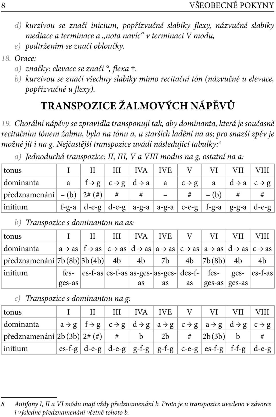 Chorální nápěvy se zpravidla transponují tak, aby dominanta, která je současně recitačním tónem žalmu, byla na tónu a, u starších ladění na as; pro snazší zpěv je možné jít i na g.