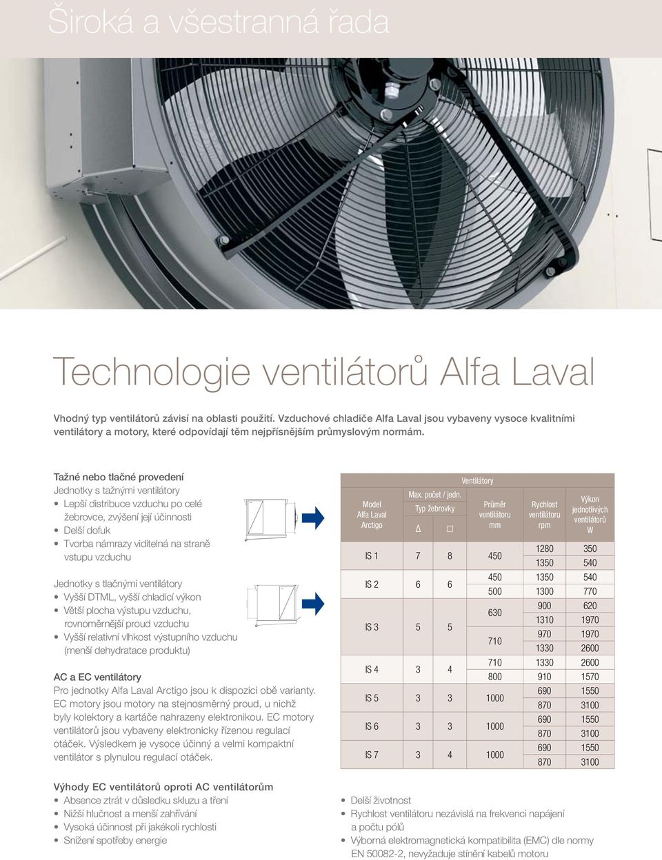 Tažné nebo tlačné provedení Jednotky s tažnými ventilátory Lepší distribuce vzduchu po celé žebrovce, zvýšení její účinnosti Delší dofuk Tvorba námrazy viditelná na straně vstupu vzduchu Jednotky s