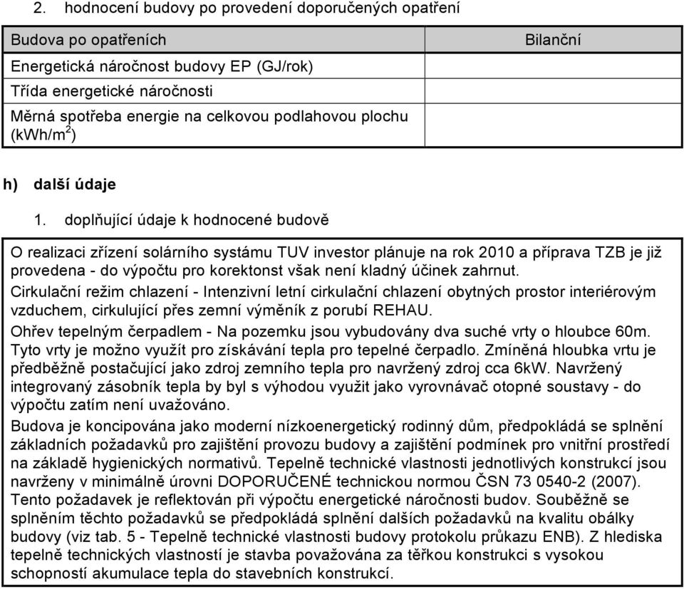 doplňující údaje k hodnocené budově O realizaci zřízení solárního systámu TUV investor plánuje na rok 2010 a příprava TZB je již provedena - do výpočtu pro korektonst však není kladný účinek zahrnut.