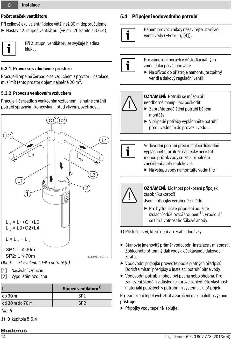 L2 L L T1 T2 L1 L T1 = L1+C1+L2 = L3+C2+L4 L=L +L T1 1 T2 C1 C2 SP1: L 30m SP2: L 70m Obr. 9 Ekvivalentní délka potrubí (L) [1] Nasávání vzduchu [2] Vypouštění vzduchu 6720802772-01.