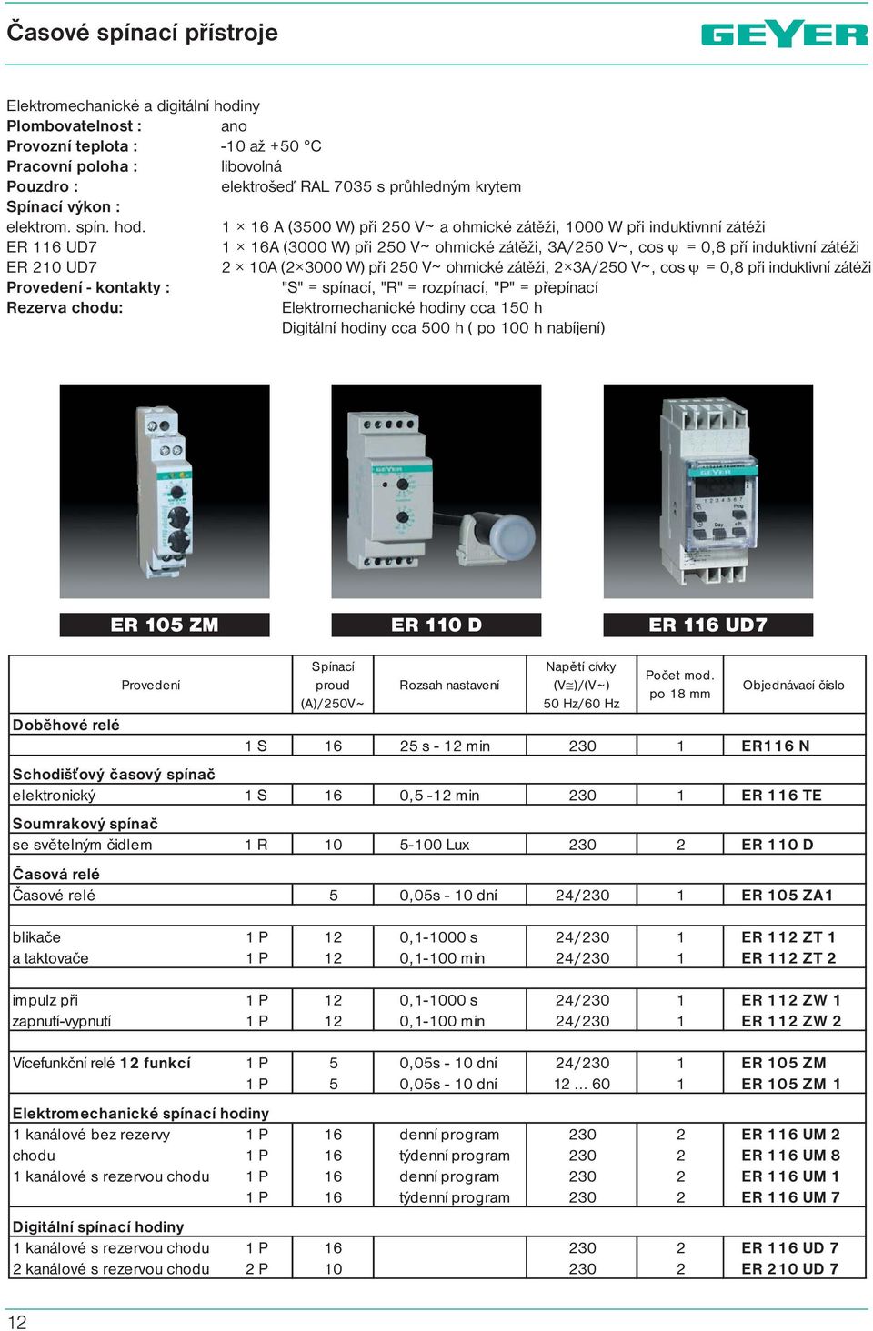 ER 116 UD7 ER 210 UD7 Provedení - kontakty : Rezerva chodu: ano -10 až +50 C libovolná elektrošeď RAL 7035 s průhledným krytem 1 16 A (3500 W) při 250 V ~ a ohmické zátěži,