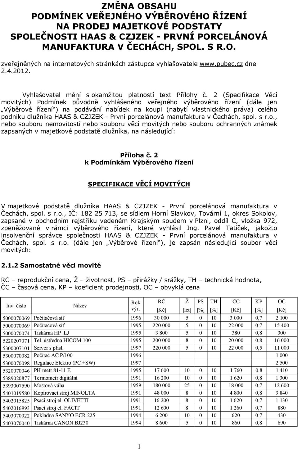 Vyhlašovatel mění s okamžitou platností text Přílohy 2 (Specifikace Věcí movitých) Podmínek původně vyhlášeného veřejného výběrového řízení (dále jen Výběrové řízení ) na podávání nabídek na koupi